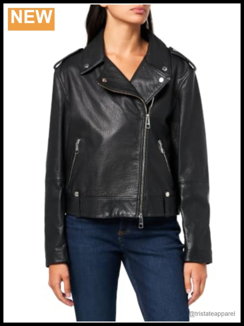Women's Moto Leather Jacket, Buffalo Leather, Zipper Closure, Notch Collar